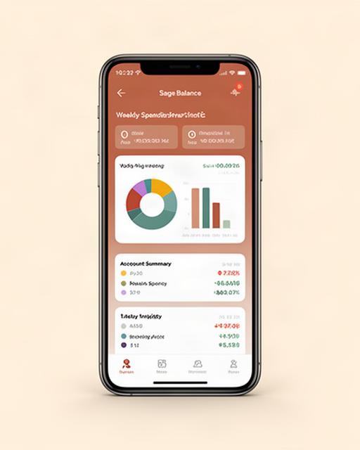 Smartphone displaying the Sage Balance LLC app dashboard with weekly spending categories and colorful visual charts against a warm neutral background